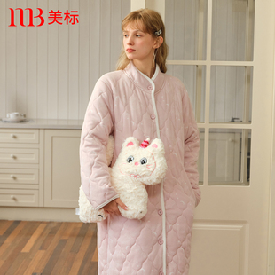 美标冬新款三层加厚夹棉中长款睡袍女咖啡碳保暖可外穿家居服睡衣