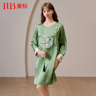 美标真丝睡衣女国风绣花长袖 睡裙开衩宽松100%桑蚕丝家居服春秋