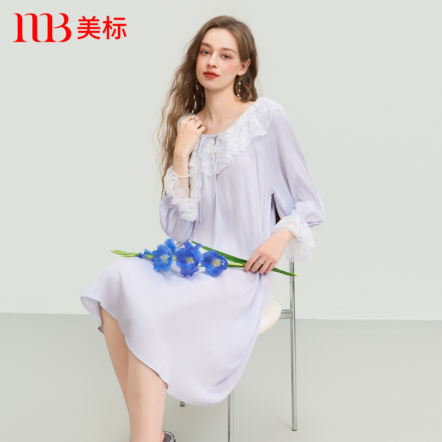 美标春夏新款长袖睡裙女天丝蕾丝甜美睡衣宫廷风纯色可外穿家居服
