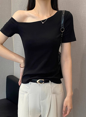 黑色一字斜领短袖t恤女春夏修身打底衫内搭2025新款小众显瘦上衣