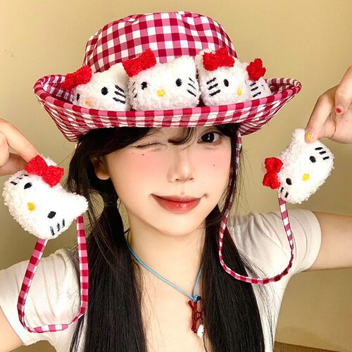 日系可爱kitty猫防晒渔夫帽女卡通y2k亚文化遮阳帽户外透气太阳帽