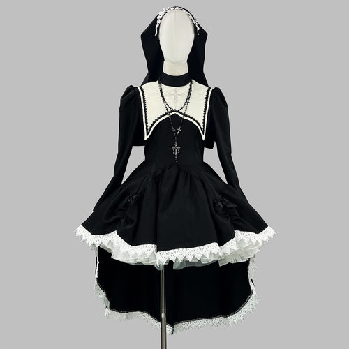 跨境新品 暗黑系甜酷绣花十字架万圣节修女服装 COS演出服 亚文化