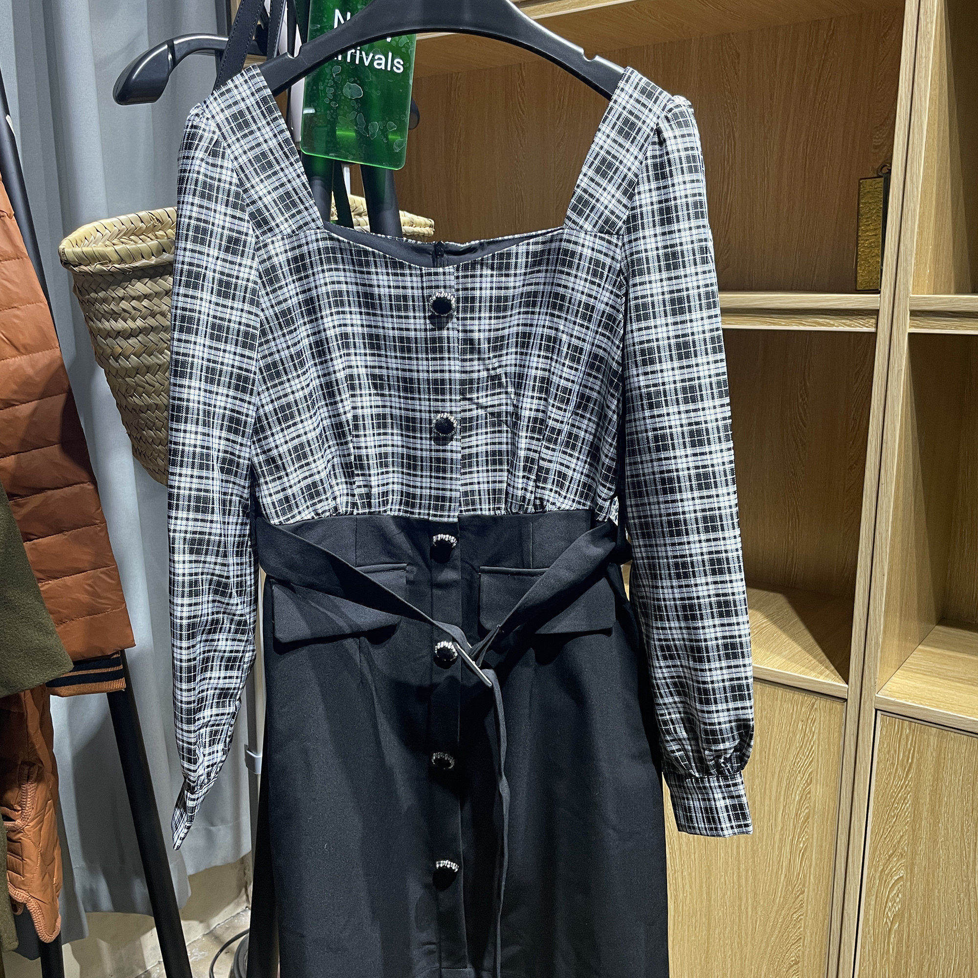 [五]兰米特卖连衣裙女维希格纹拼接高腰单排扣A字短裙子春季新款