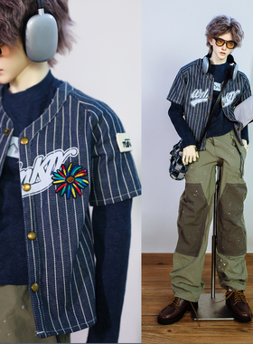 CrossChruch|BJD娃衣条纹牛仔棒球服短袖上衣+山系长袖棉内搭75cm