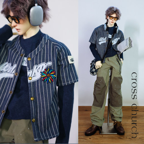 CrossChruch|BJD娃衣条纹牛仔棒球服短袖上衣+山系长袖棉内搭75cm