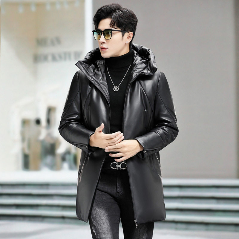 海宁真皮羽绒服男士中长款绵羊皮衣连帽加厚保暖加绒冬季风衣