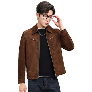 反绒面皮衣男士真皮进口混种羊皮翻领复古休闲秋季新款皮夹克外套