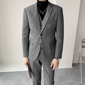 御寒挺括 男士羊毛人字斜面料修身双扣西服套装 XZ166/P310图片