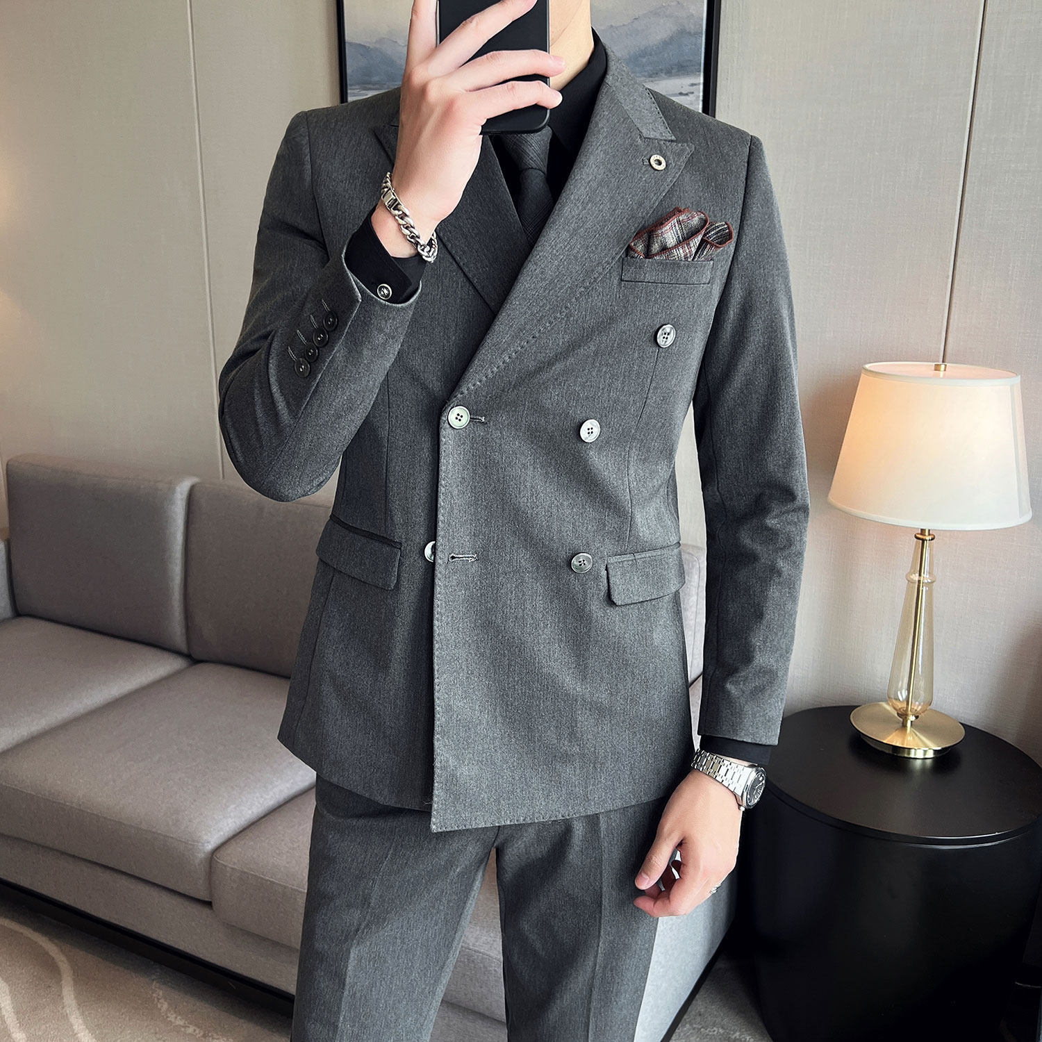 韩版修身弹力面料结婚双排扣西服套装婚宴主持人西服SJT007/P280,男装西服套装,电商A428