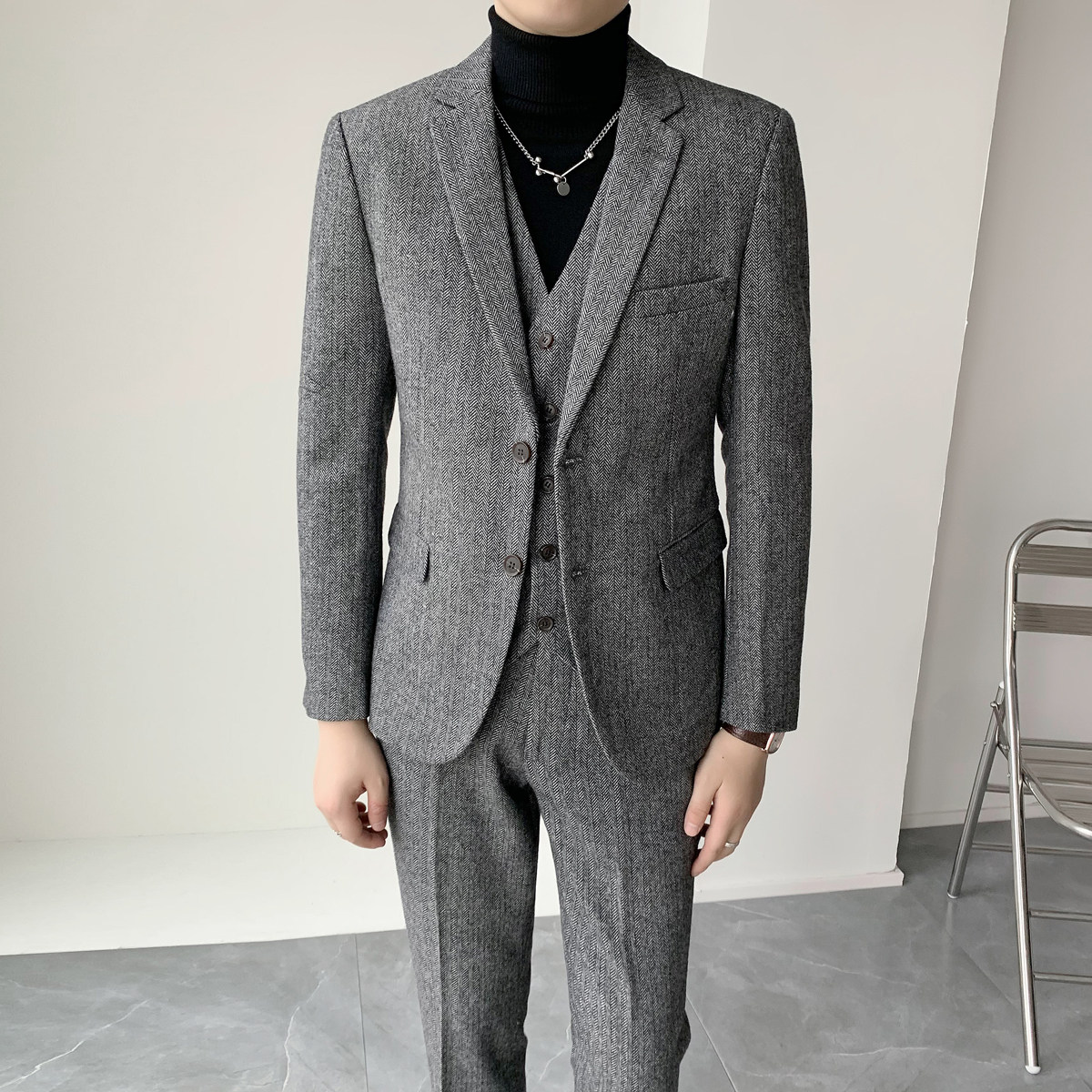 御寒挺括男士羊毛人字斜面料修身双扣西服套装XZ166/P310,男装西服套装,电商A428