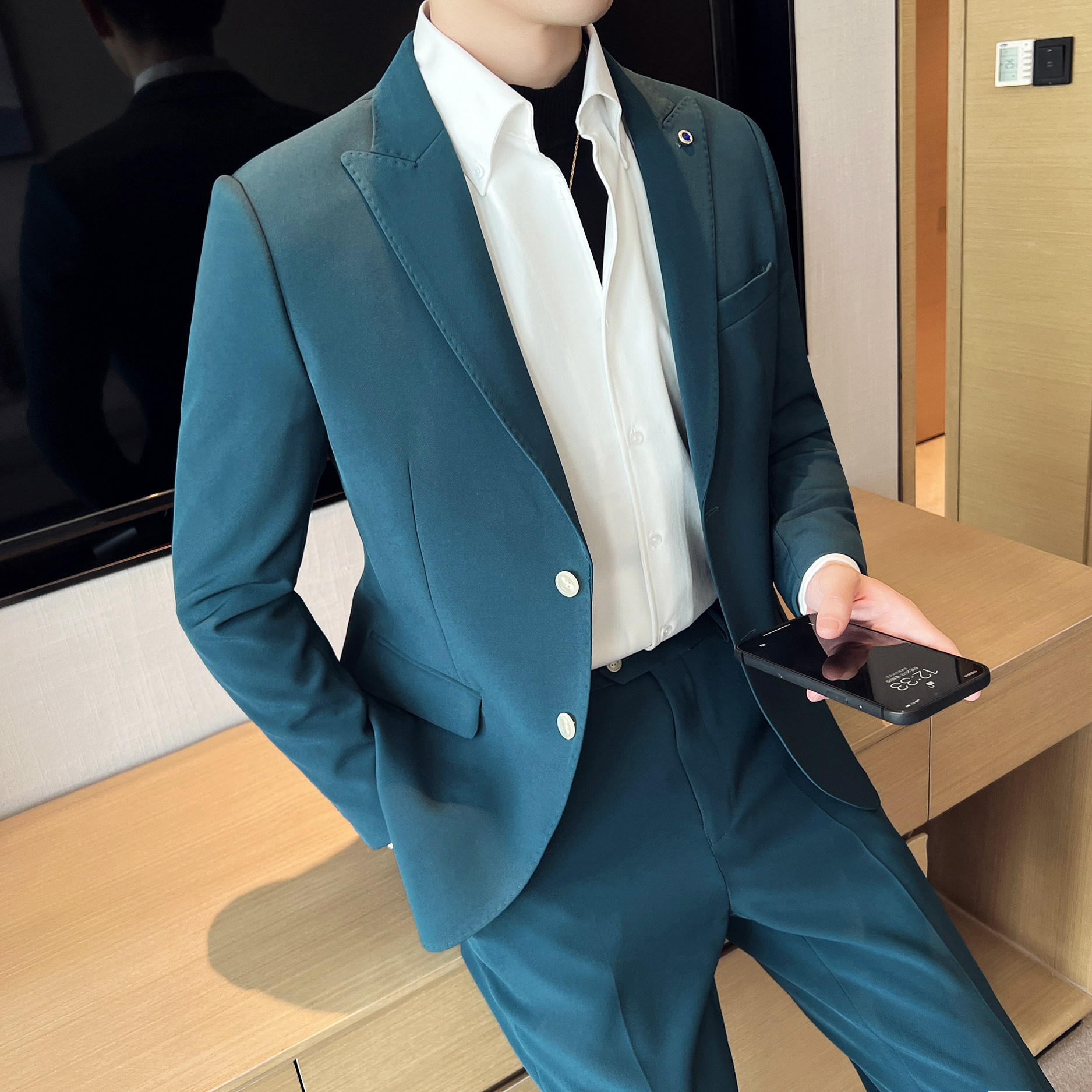 男士双扣西服套装  墨绿弹力面料西服  新郎西服套装 LJT906/P240图片