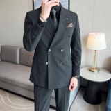 男士双排扣西服套装弹力竖条纹面料西服主持人套装SJT005/P310，男装西服套装，电商A428