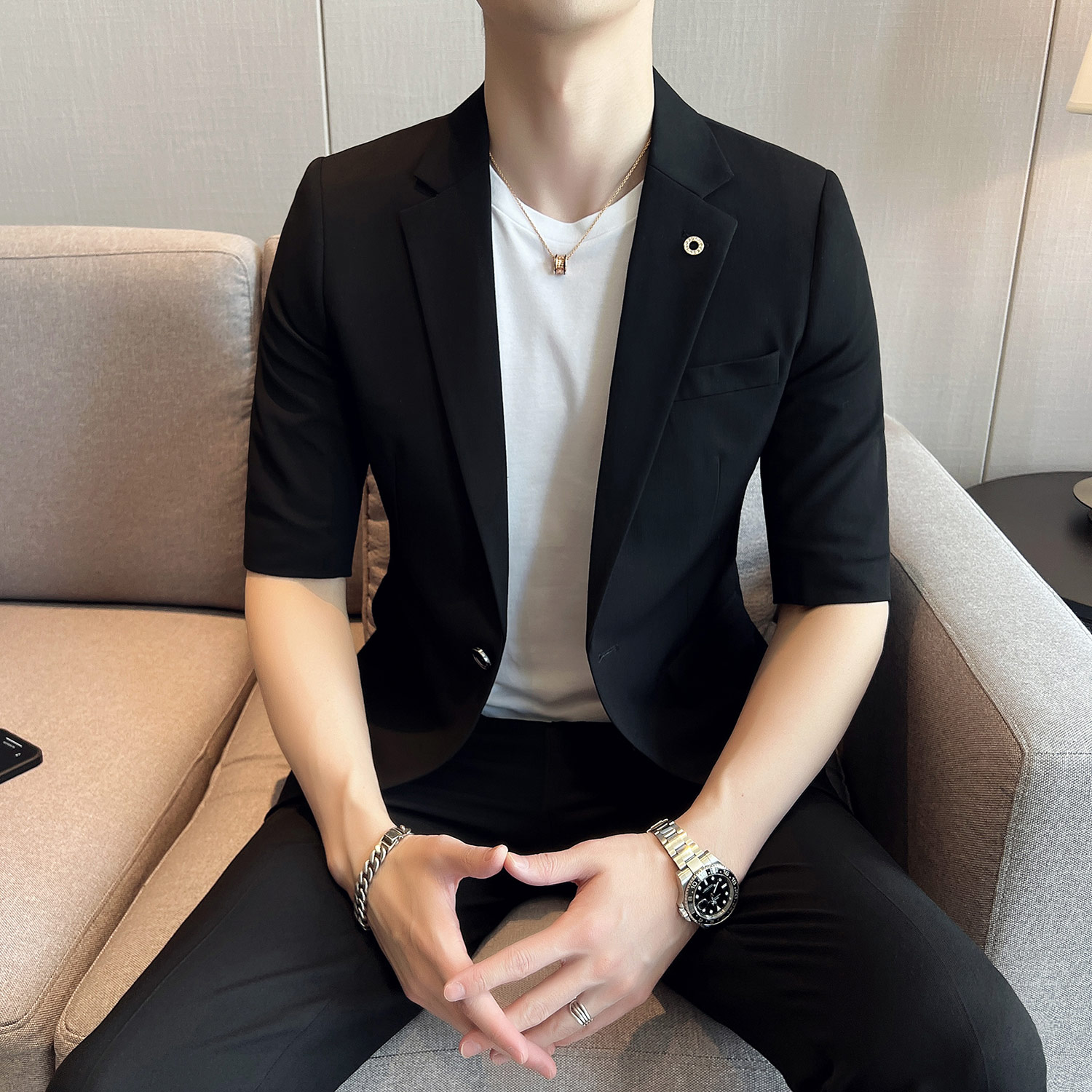 男士清爽中袖西装套装修身男七分袖西服套装结婚西装ZX001/P150特,男装西服套装,电商A428