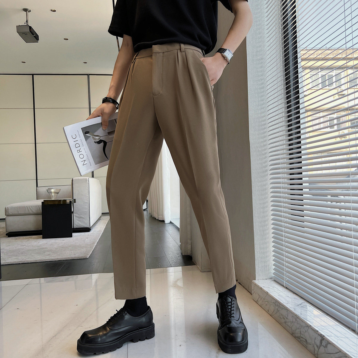 街头时尚纯色垂感面料男士大直筒休闲裤阔腿裤K603/P75,男装休闲裤,电商A428