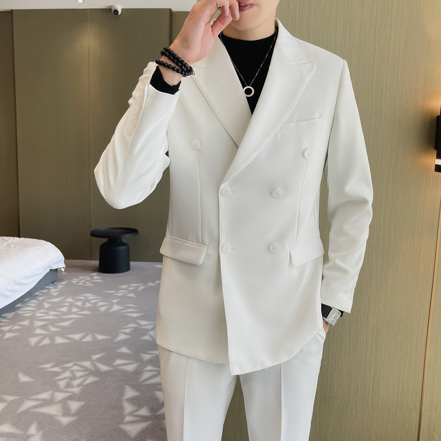 轻熟风男士双排扣白色弹力面料西服新郎西装套装LJT914/P240,男装西服套装,电商A428