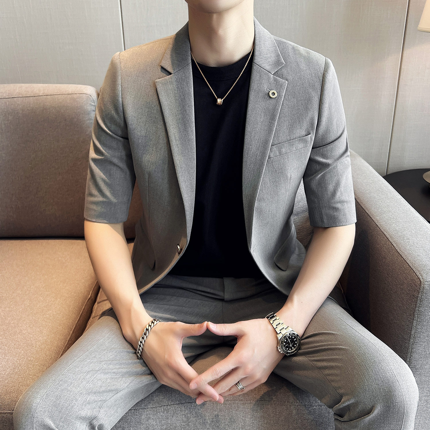 男士清爽中袖西装套装修身男七分袖西服套装结婚西装ZX001/P150特,男装西服套装,电商A428
