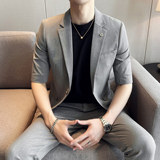 男士清爽中袖西装套装修身男七分袖西服套装结婚西装ZX001/P150特，男装西服套装，电商A428