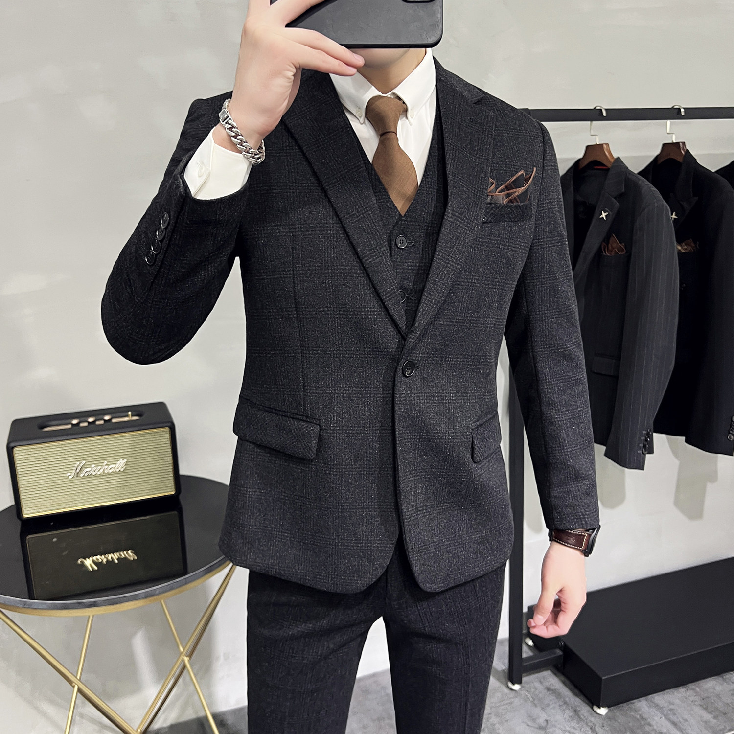 秋冬复古经典暗格加厚柔软羊毛呢料两扣西服套装西装XZ317/P335，男装西服套装，电商A428