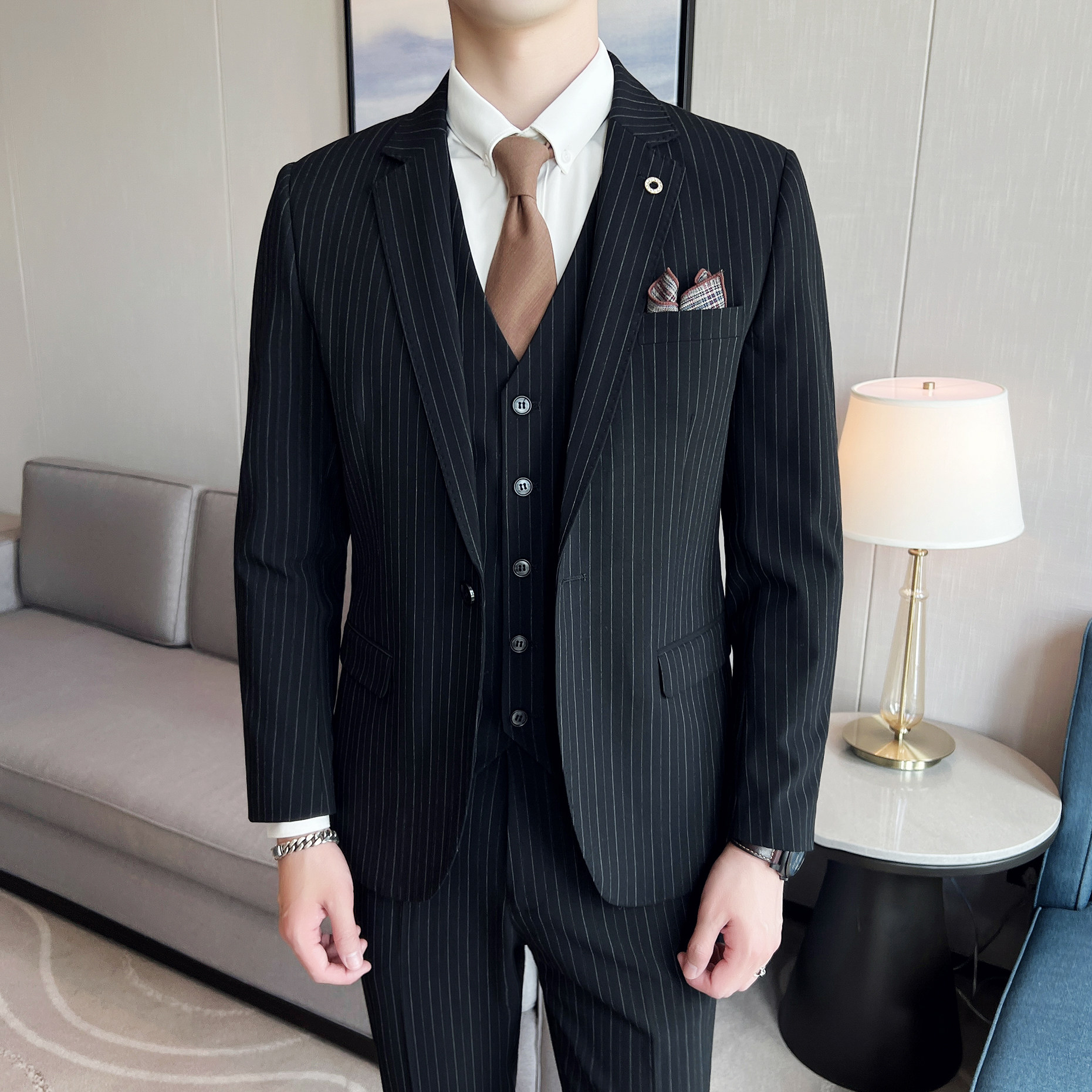 双扣男士西服套装竖条纹弹力面料西服新郎套装SJT004/P310,男装西服套装,电商A428