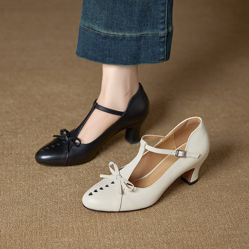 巨舒服法式复古头层牛皮优雅中古蝴蝶结圆头高跟旗袍单鞋真皮女鞋