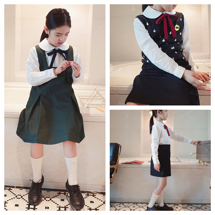 娃娃爱美秋新款女小中大童学生学院风校服裙白衬衫百褶背带裙套装