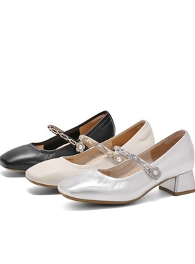 百丽Belle女鞋子法式玛丽珍鞋25春季浅口真皮粗高跟单鞋D4A1DAQ5