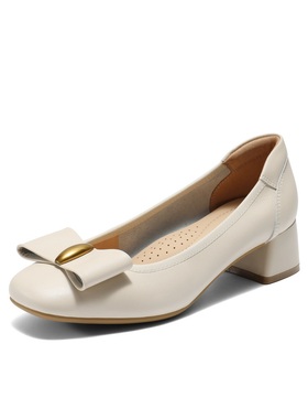 百丽粗高跟蝴蝶结浅口女鞋子2025秋新款上班鞋E3F1  E3F1DCQ5