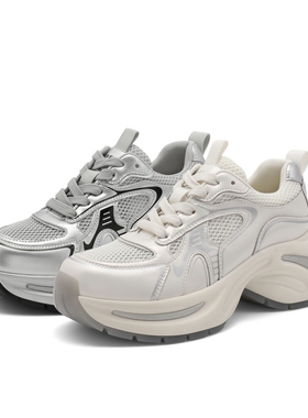 百丽厚底银灰色老爹鞋女鞋子2024新款复古运动休闲鞋女B4G1 B4G1D