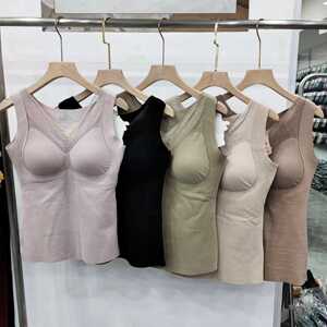 羊绒蚕丝女保暖背心秋冬带胸垫免穿文胸暖绒发热V领打底上衣8607