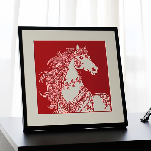 现代简约黑白骏马剪纸装饰画