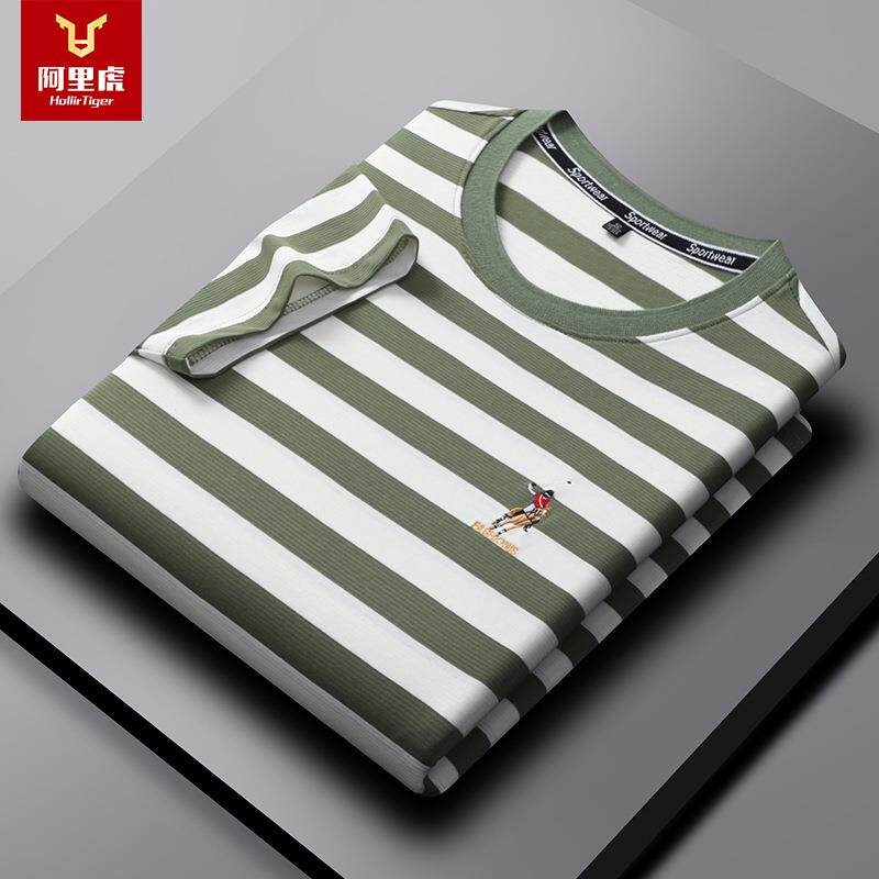 保罗正品夏季新款休闲条纹短袖男装圆领上衣体恤衫中青年休闲打底