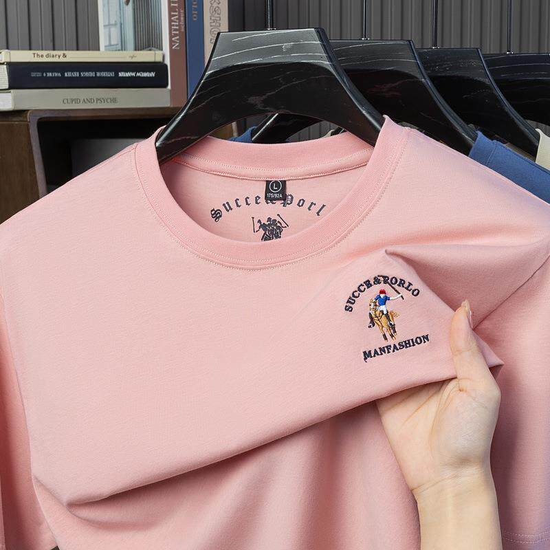 保罗正品纯棉夏季款保罗圆领短袖t恤男刺绣透气休闲宽松秀气纯色