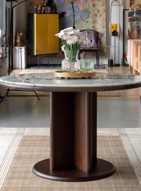 STUDIO FH栋梁餐桌 天然大理石圆桌 樱桃木实木 现代简约餐厅家具