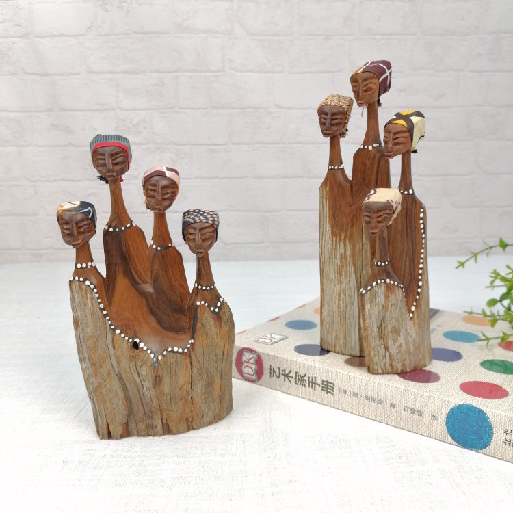 非洲木雕人物抽象纯手工原生态带皮树天然纹玄关书架柜桌面小摆件