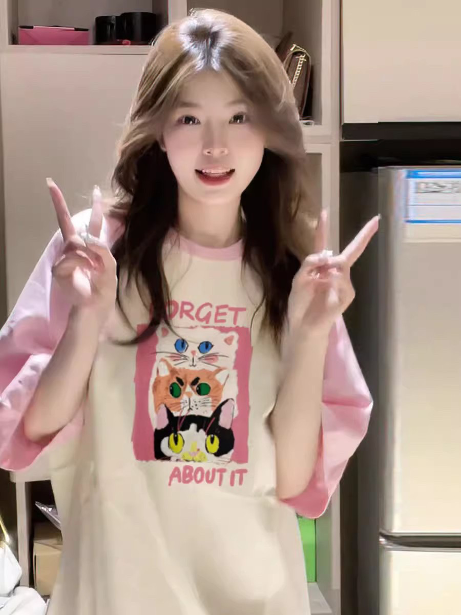 粉色插肩袖短袖t恤女2025新款夏天多巴胺甜妹穿搭设计感纯棉上衣