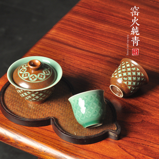 陶瓷一壶二杯品茗杯龙泉窑青瓷马上有钱铃铛杯盖碗套装功夫茶具