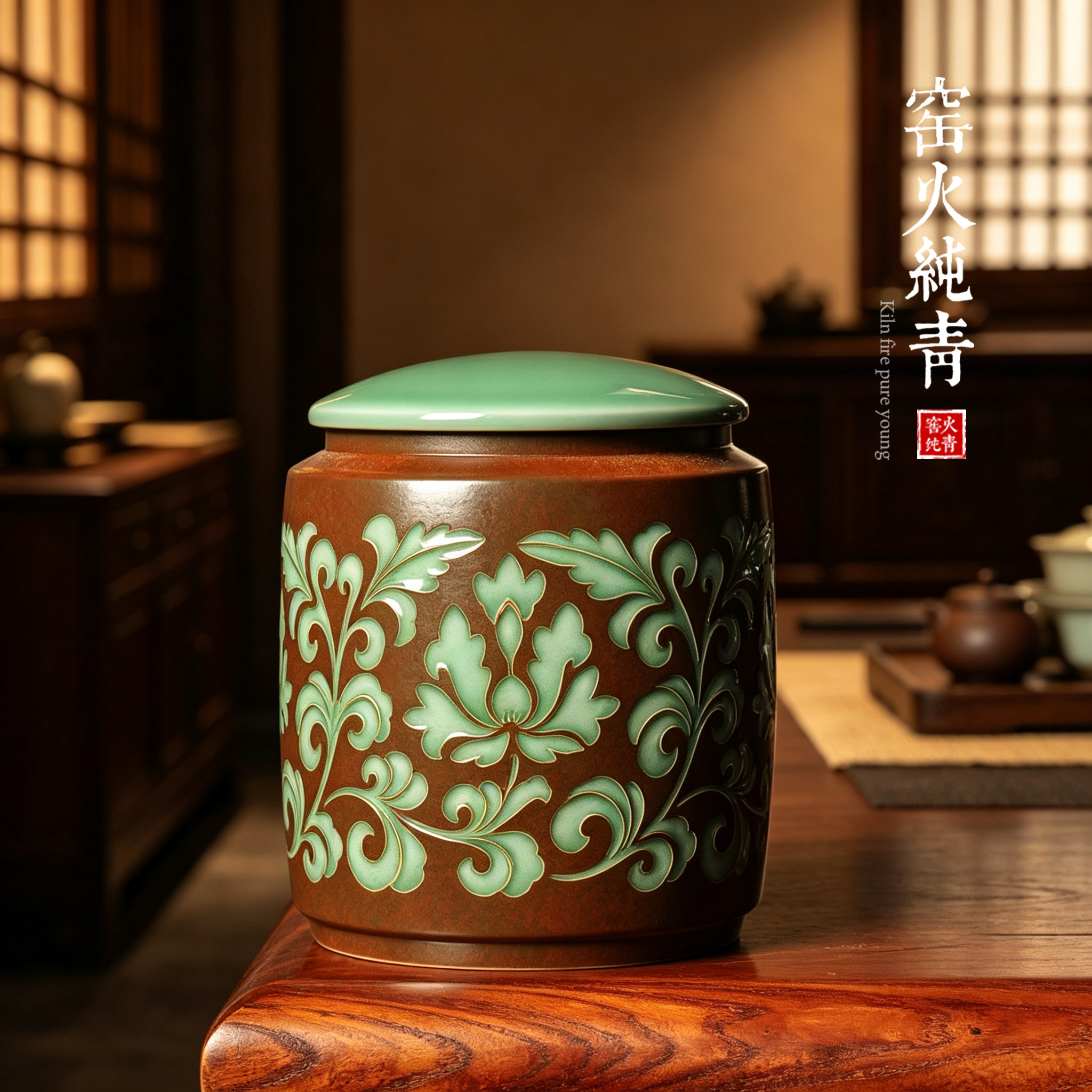 青瓷缠枝莲花纹家用大号茶叶罐
