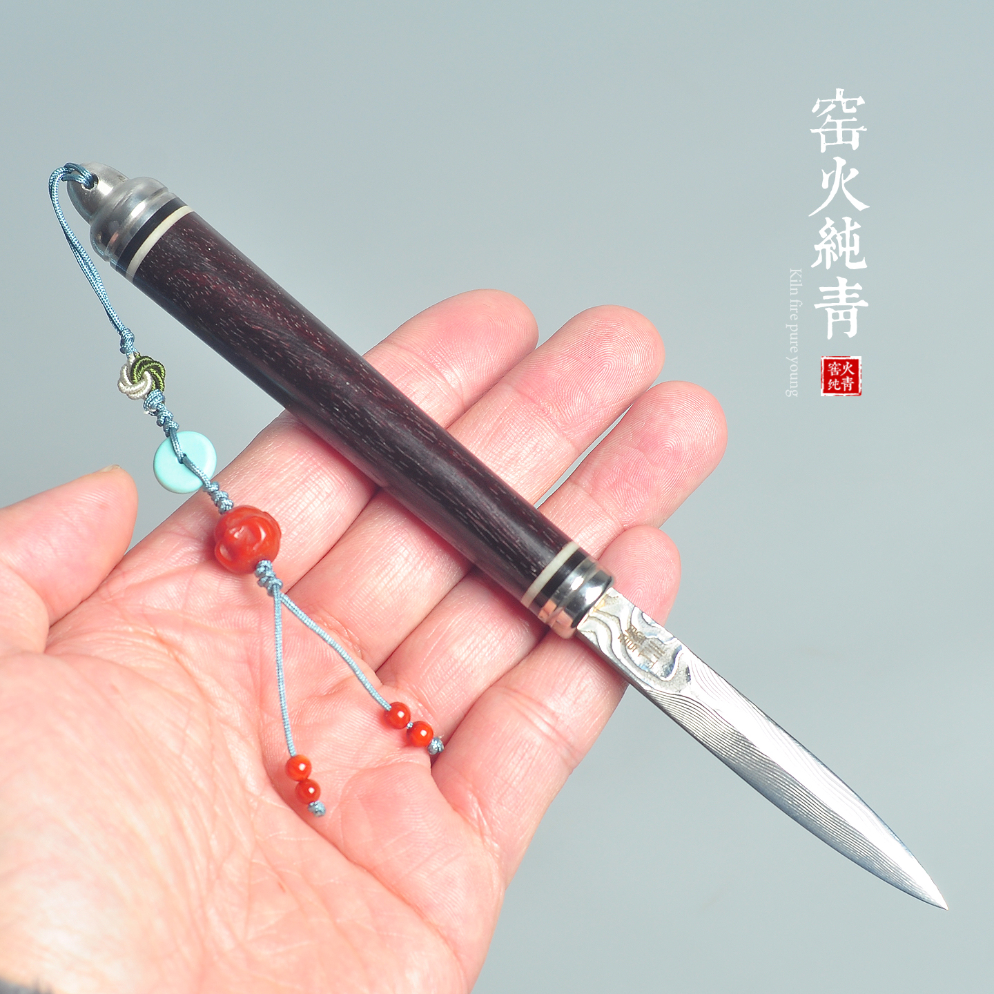 大马士革钢手工小叶紫檀普洱茶刀