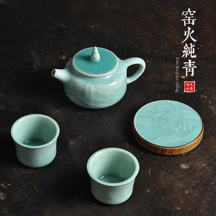 青瓷泡茶壶一壶二杯西湖印象三潭印月刻花手工壶功夫茶具家用茶壶