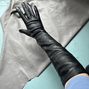 女式真皮手套长款羊皮45cm绣花纽扣穿绳装饰订单尾货长皮手套薄里