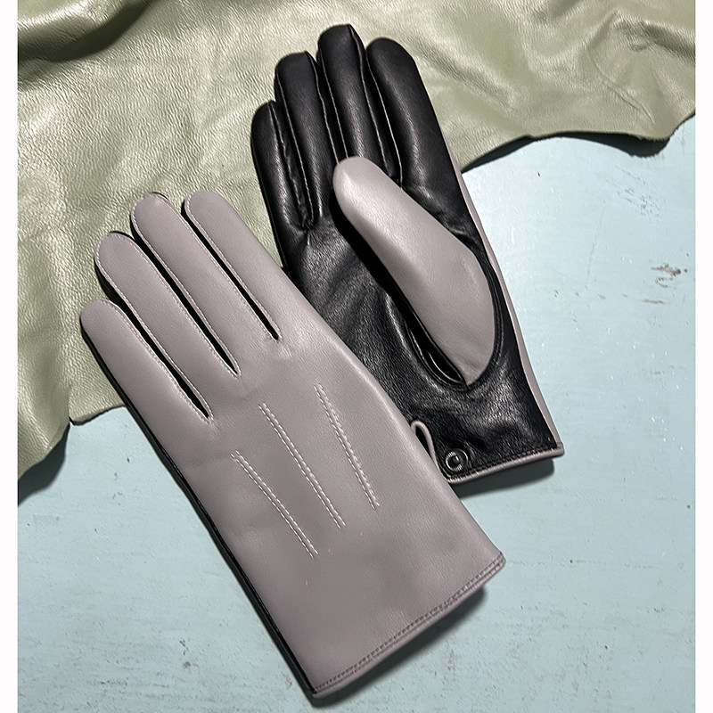 男款羊皮手套复古撞色羊绒女款手套灰黑触屏真皮手套修手腕秋冬潮
