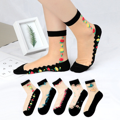 女士肉丝中筒袜春夏季薄款冰丝袜加棉底水晶丝袜玻璃丝短袜