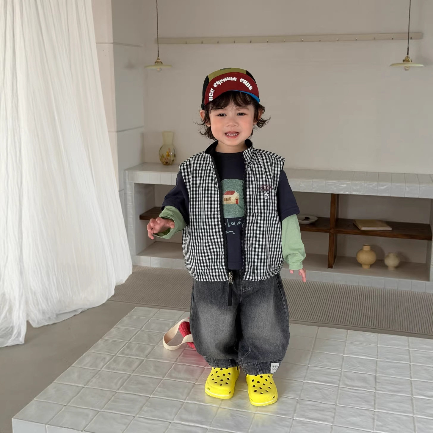 【2月27新品包邮】宝宝春装2026童装儿童格子马甲男童牛仔裤套装