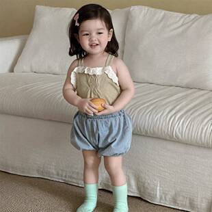 宝宝衣服夏季薄款韩版童装儿童夏装女童背带娃娃衫牛仔包屁裤套装