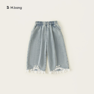 女童裤 女孩百搭宽松裤 子韩版 春装 子 女宝蝴蝶结花边牛仔裤 YAYA童装