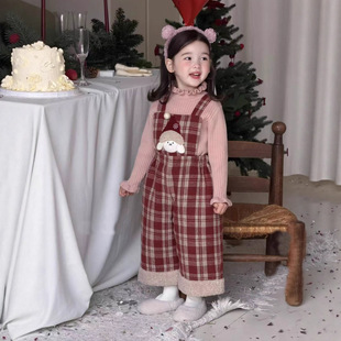 女童婴幼儿女宝宝格子加厚保暖背带裤 儿童加绒连体棉裤 子2025冬季