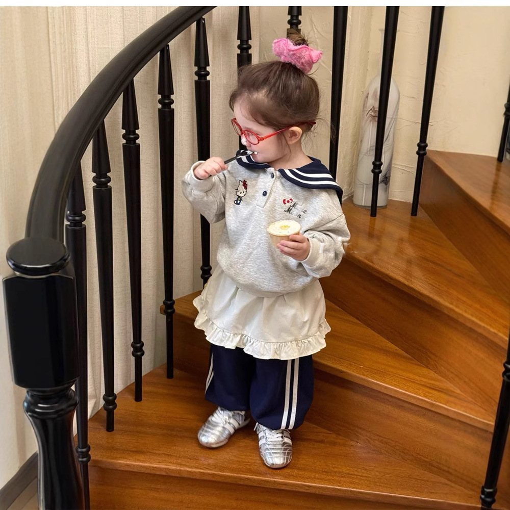 韩国女童套装2026春季新款小童宝宝韩版卡通KT猫海军领卫衣运动裤