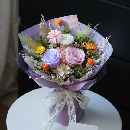 永生花高级感真花束生日礼物干花玫瑰礼盒多巴胺油画520告白毕业