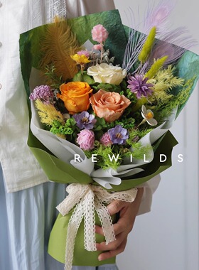 莫奈绿色真花永生花花束生日礼物小众干花设计毕业男生