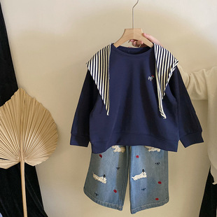 女童卫衣韩版春季可拆卸条纹丝巾圆领卫衣卡通小狗牛仔裤套装